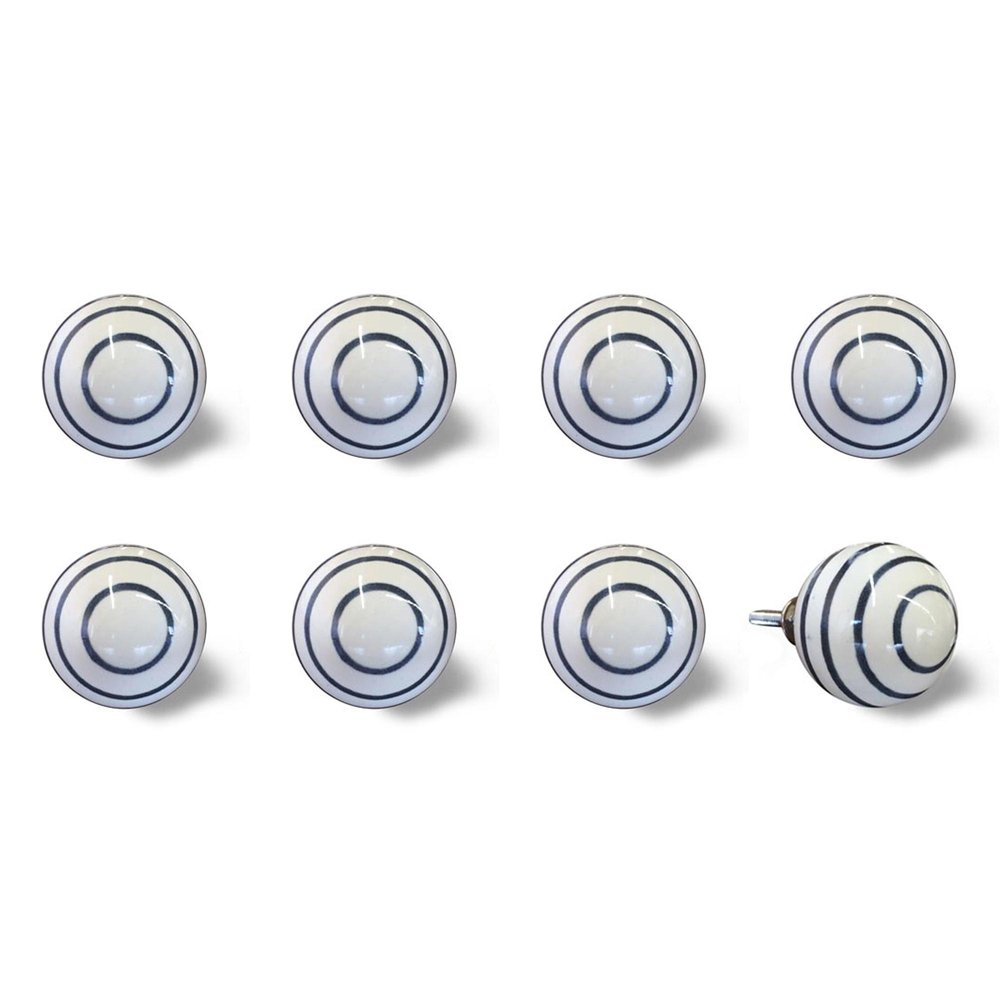 Set of Eight White And Navy Blue Geo Lines Ceramic Drawer Pull Knobs on a white background
