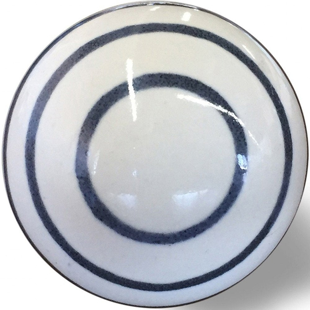Set of Eight White And Navy Blue Geo Lines Ceramic Drawer Pull Knobs on a white background
