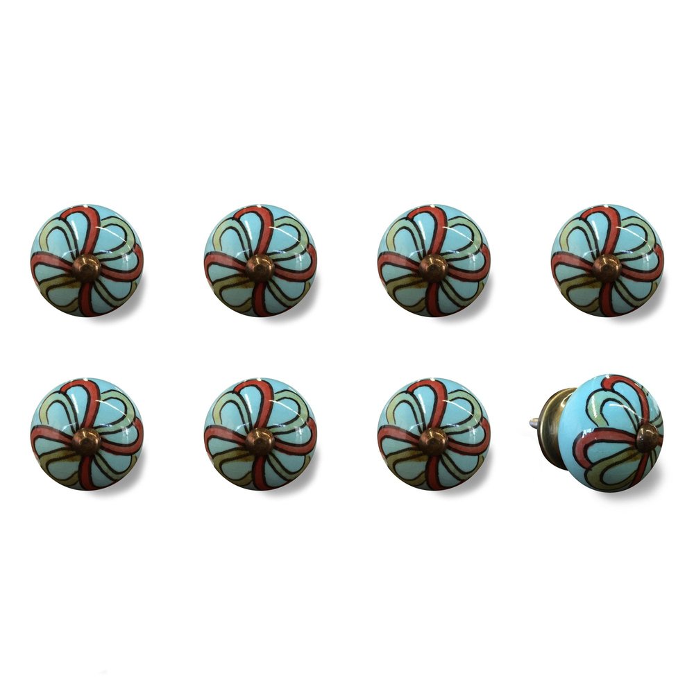 Set of Eight White And Navy Blue Geo Lines Ceramic Drawer Pull Knobs
