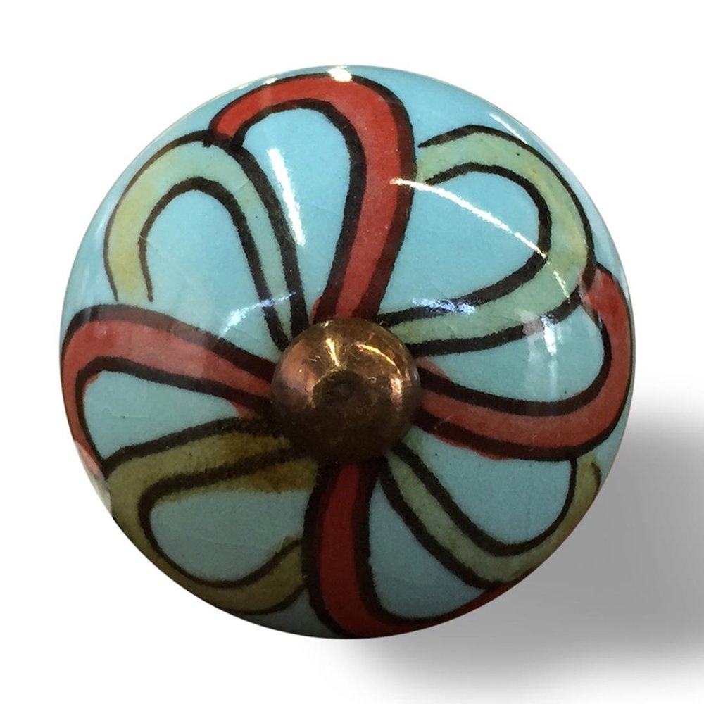 Set of Twelve Turquoise And Red Geometric Ceramic Drawer Pull Knobs on a white background