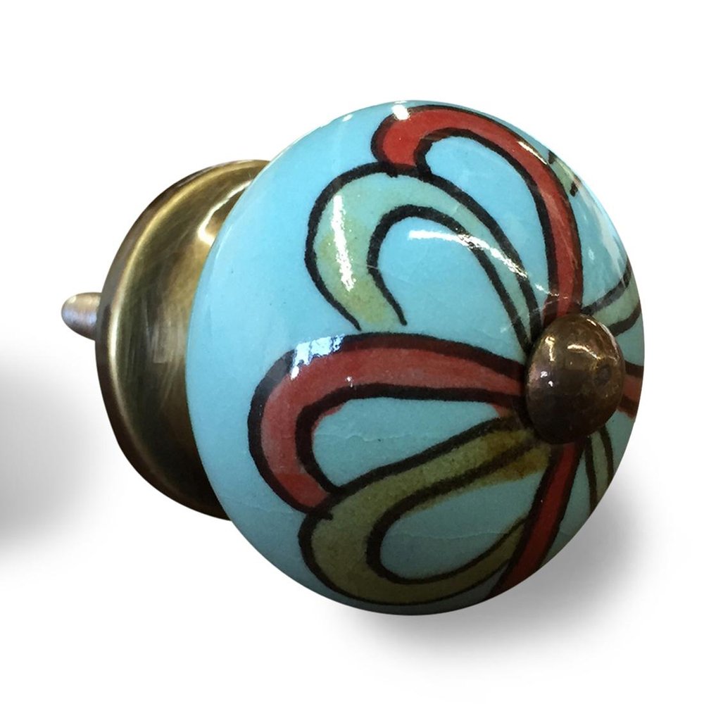 Set of Twelve Turquoise And Red Geometric Ceramic Drawer Pull Knobs on a white background