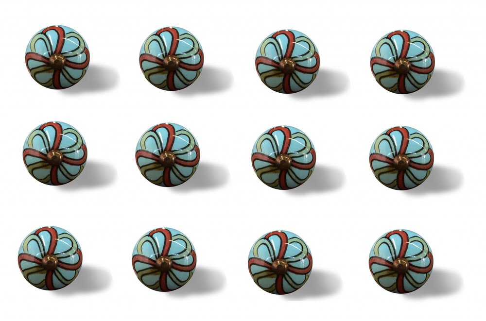 Set of Twelve Turquoise And Red Geometric Ceramic Drawer Pull Knobs on a white background