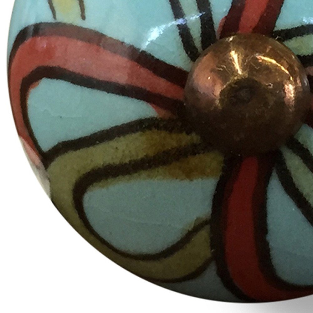 Set of Twelve Turquoise And Red Geometric Ceramic Drawer Pull Knobs close-up detail
