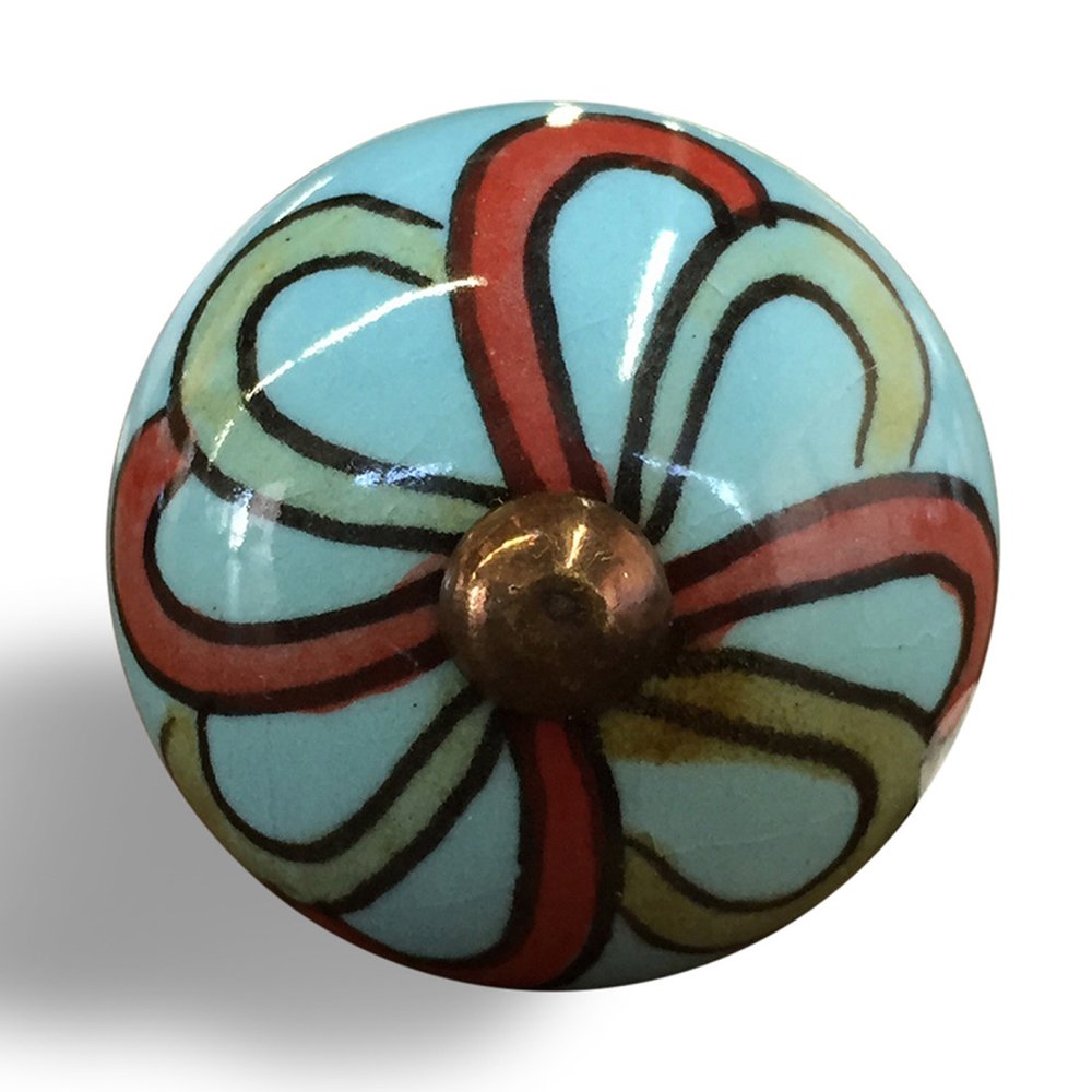 Set of Twelve Turquoise And Red Geometric Ceramic Drawer Pull Knobs on a white background
