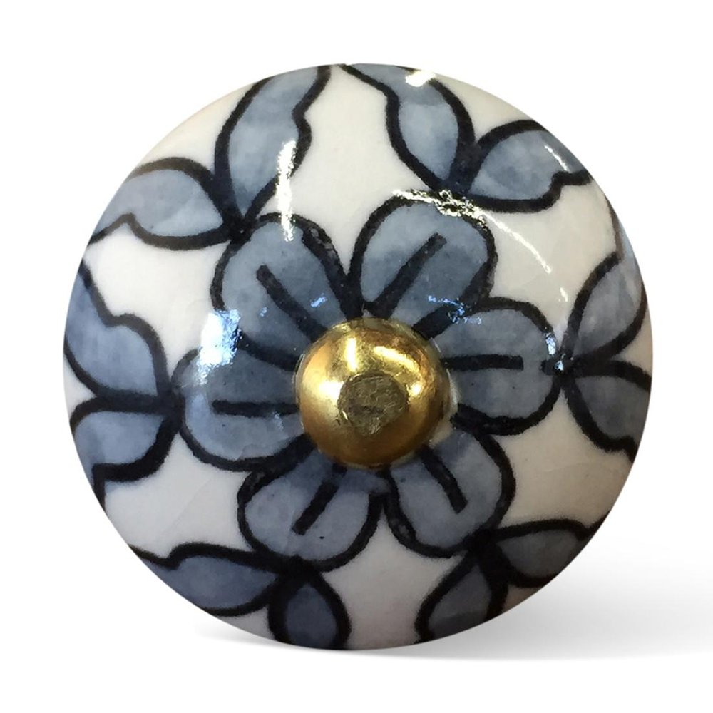 1.5" X 1.5" X 1.5" White Blue And Black Knobs 12 Pack. Cabinet knobs isolated on a plain white background, showing a black ceramic surface.