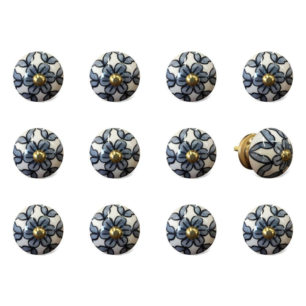 1.5" X 1.5" X 1.5" White Blue And Black Knobs 12 Pack. Cabinet knobs isolated on a plain white background, finished in black ceramic.