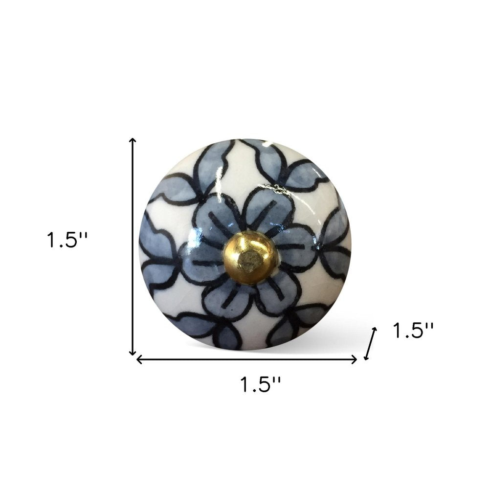1.5" X 1.5" X 1.5" White Blue And Black Knobs 12 Pack. Cabinet knobs isolated on a plain white background, showing a black ceramic surface.