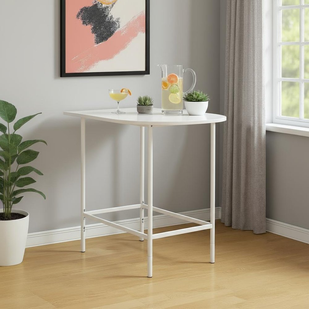 24" White Free Form Manufactured Wood Bar Table styled in a furnished interior with a light gray wall on a wood floor.