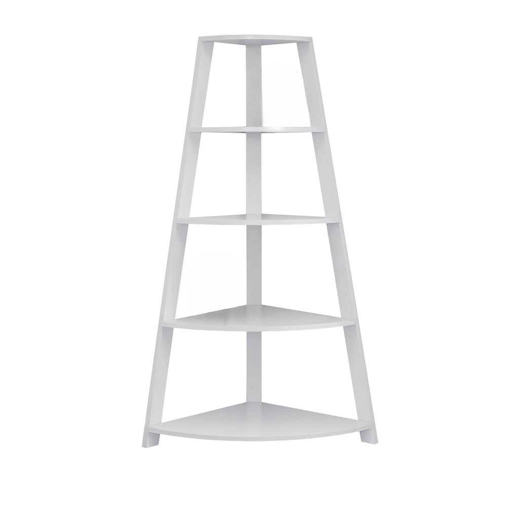 White wood four-tier corner bookcase against a white background.