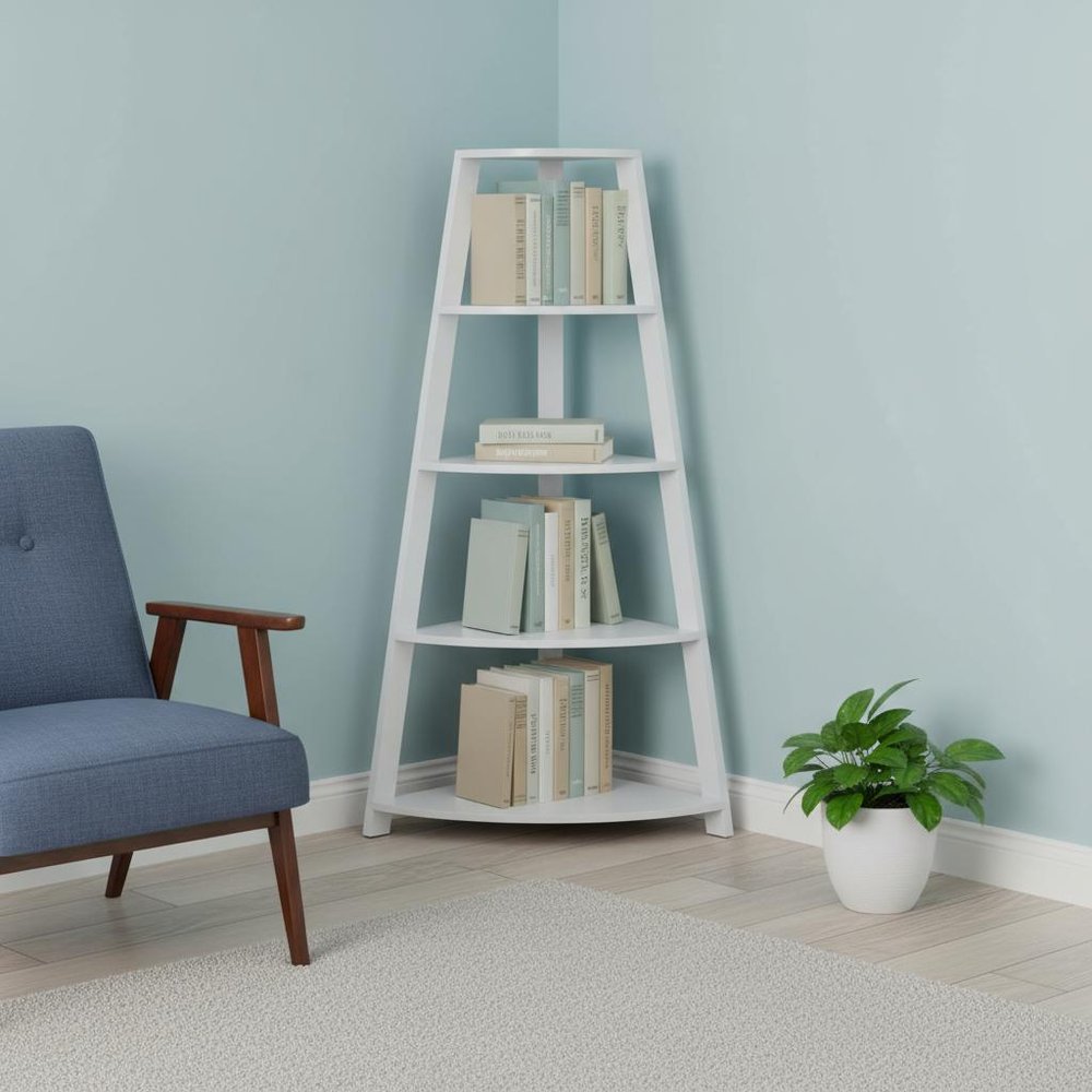 White Wood Four Tier Corner Bookcase on a white background