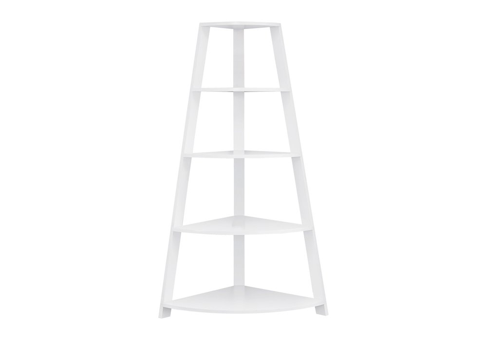 White Wood Four Tier Corner Bookcase on a white background