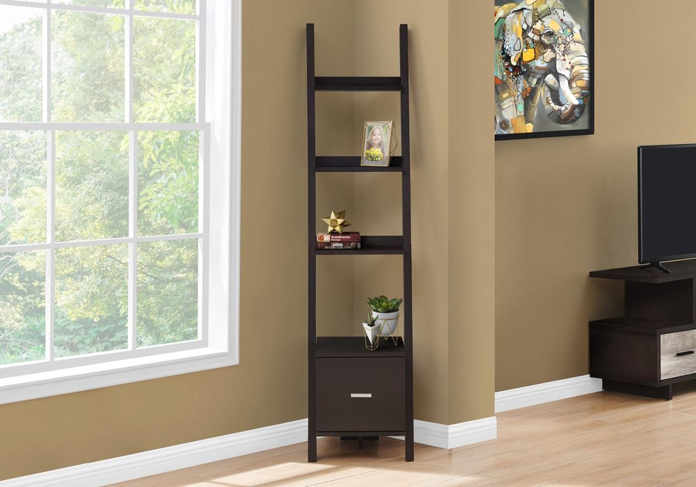 Brown Wood Four Tier Ladder Bookcase in a home interior