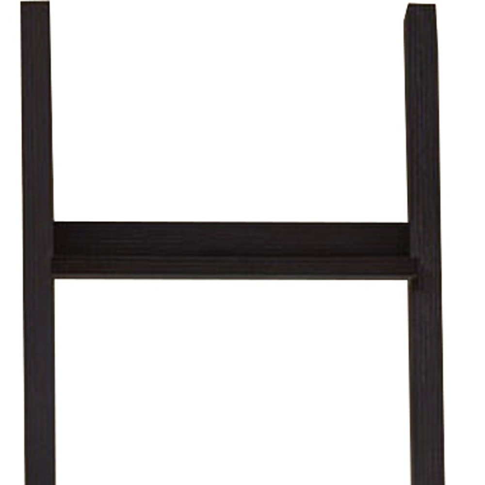 Brown wood four-tier ladder bookcase against a white background.