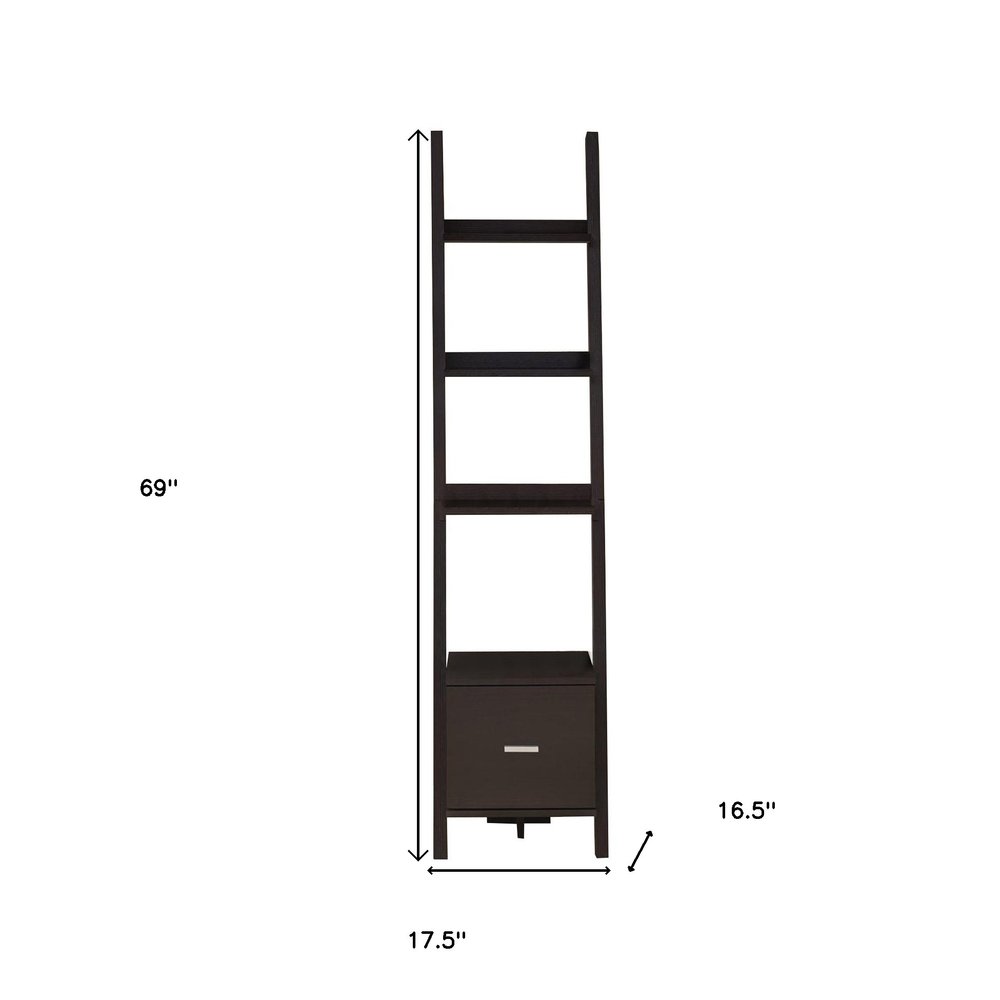 Brown Wood Four Tier Ladder Bookcase on a white background