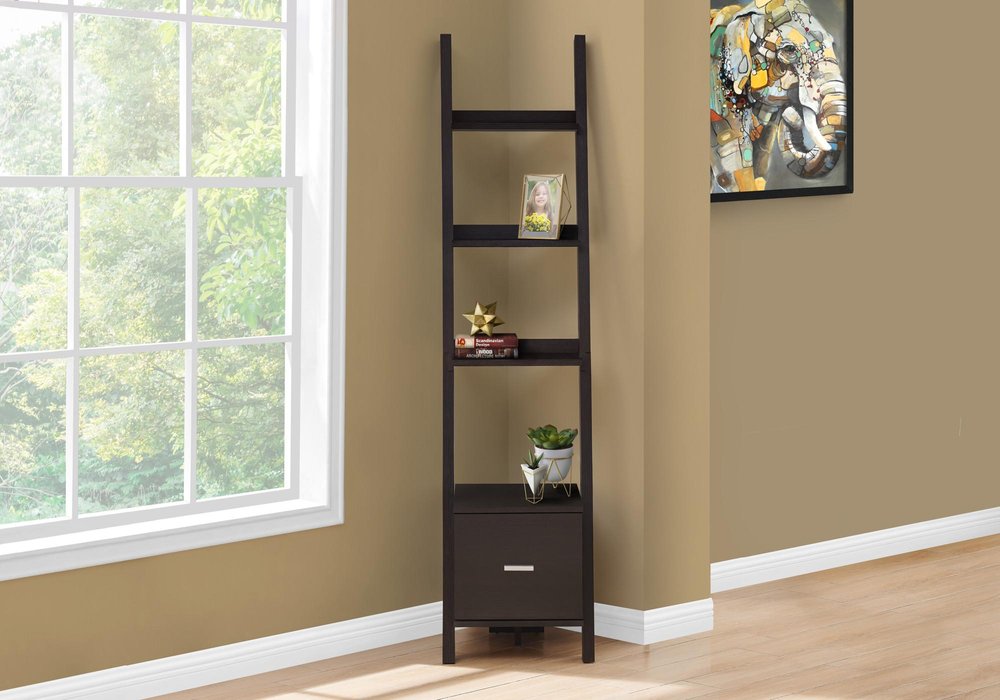 Brown Wood Four Tier Ladder Bookcase in a home interior