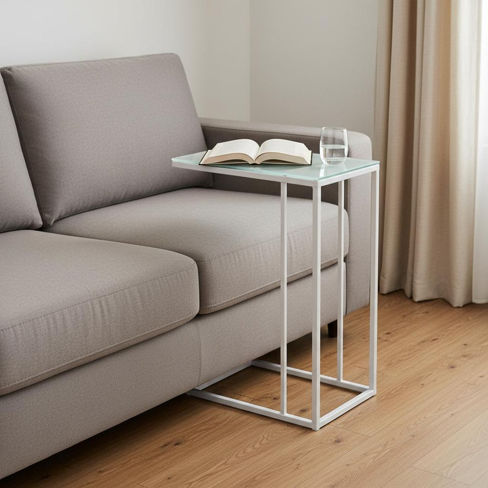 18.25" X 10.25" X 24" White Metal Tempered Glass Accent Table styled in a furnished interior with a light gray wall on a wood floor.