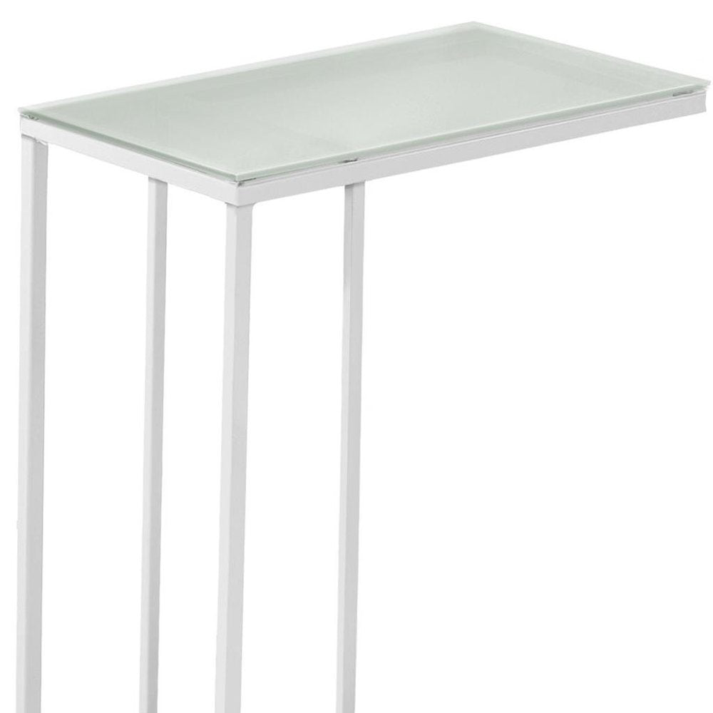 18.25" X 10.25" X 24" White Metal Tempered Glass Accent Table. Tray table isolated on a plain white background, showing a white glass surface.