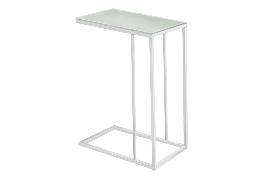 18.25" X 10.25" X 24" White Metal Tempered Glass Accent Table. Tray table isolated on a plain white background, finished in white glass.