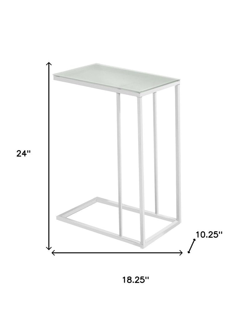 18.25" X 10.25" X 24" White Metal Tempered Glass Accent Table. Tray table isolated on a plain white background, showing a white glass surface.