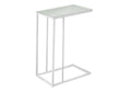 White metal accent table with a frosted tempered glass top on a white background.