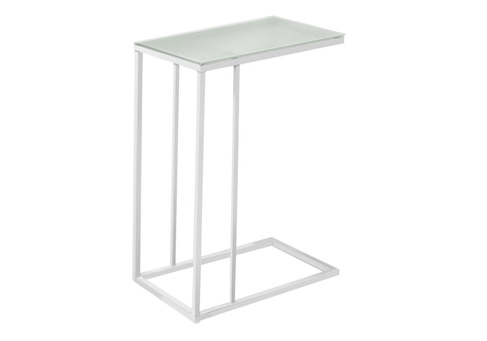 White metal accent table with a frosted tempered glass top on a white background.