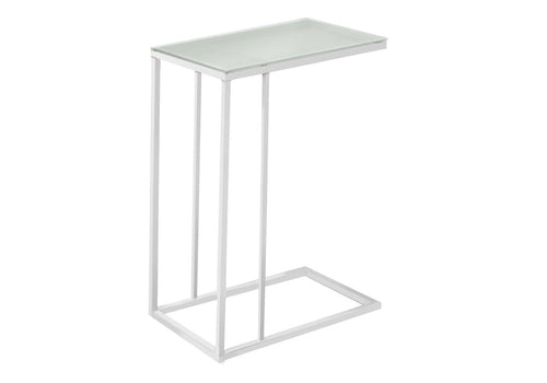 White metal accent table with a frosted tempered glass top on a white background.