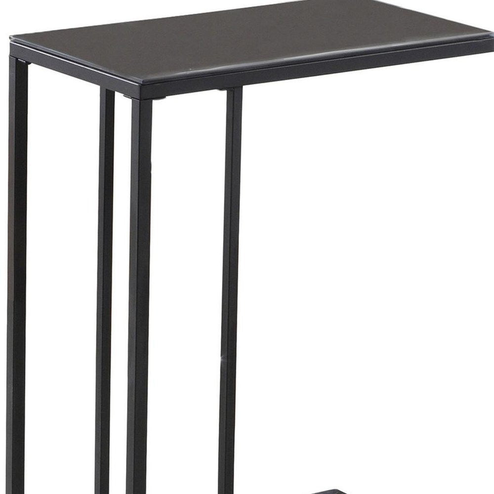 18.25" X 10.25" X 24" Black Metal Tempered Glass Accent Table. Tray table isolated on a plain white background, showing a black glass surface.