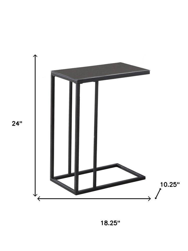 18.25" X 10.25" X 24" Black Metal Tempered Glass Accent Table. Tray table isolated on a plain white background, finished in black glass.