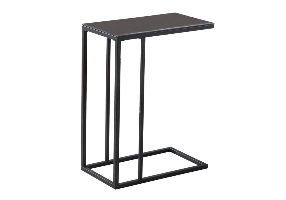 Black metal accent table with a tempered glass top, shown against a white background.