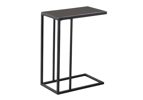 Black metal accent table with a tempered glass top, shown against a white background.