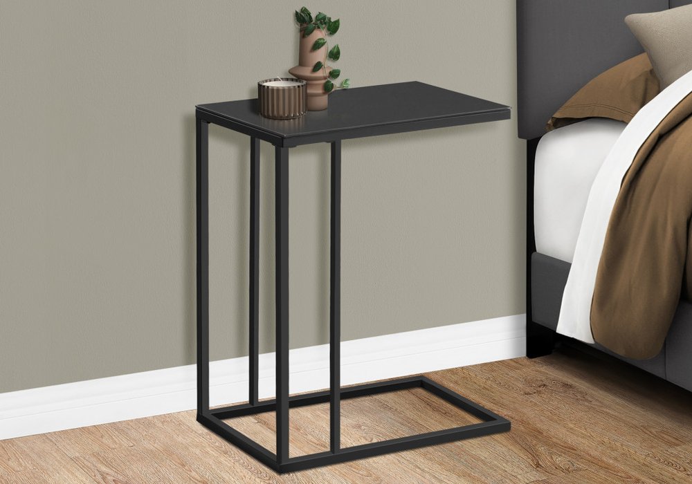18.25" X 10.25" X 24" Black Metal Tempered Glass Accent Table. Tray table in black glass.