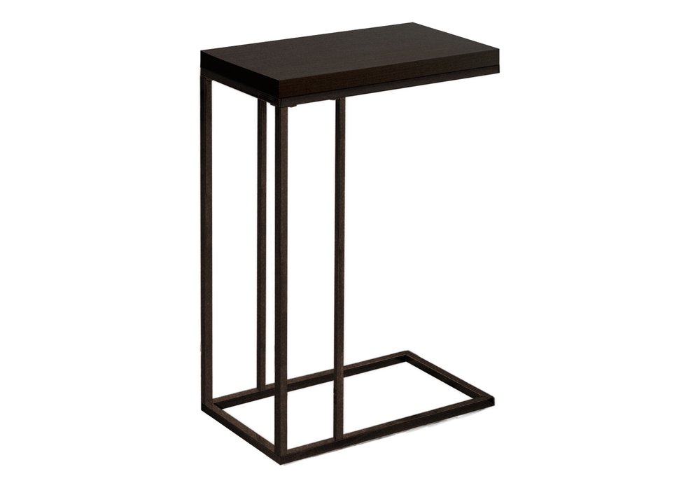 A cappuccino particle board and metal accent table on a white background.