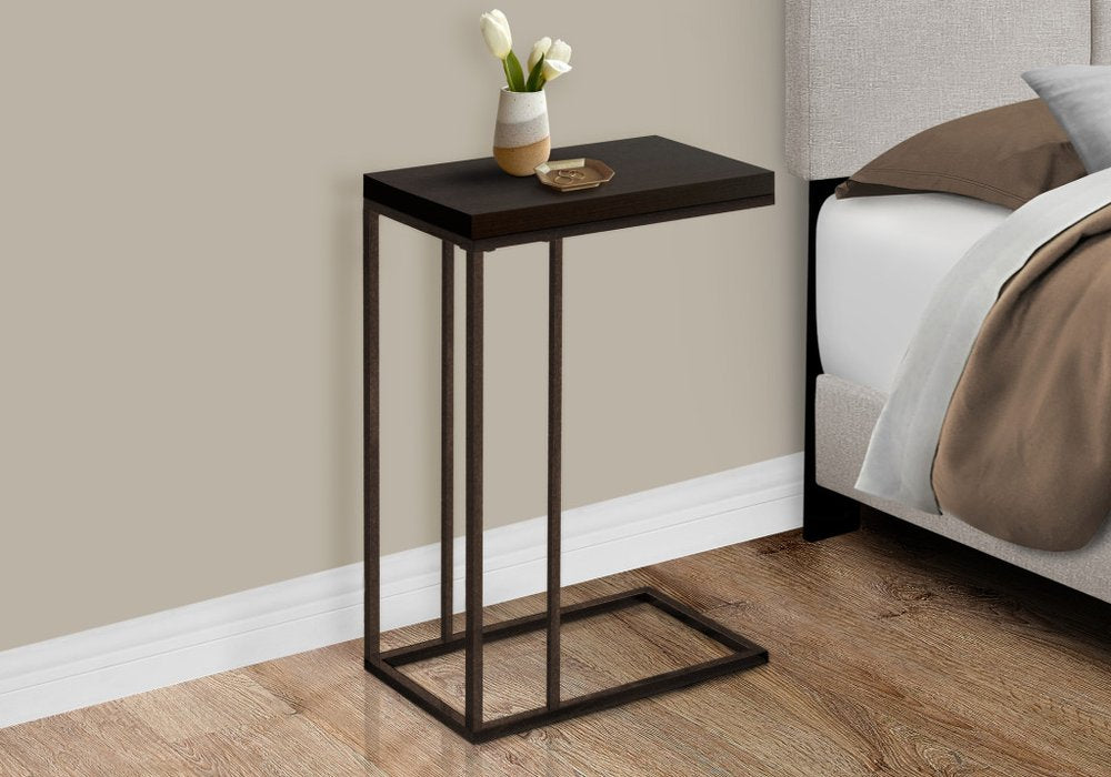 18.25" X 10.25" X 25.25" Grey Particle Board Metal Accent Table styled in a furnished interior with a tan wall on a wood floor.