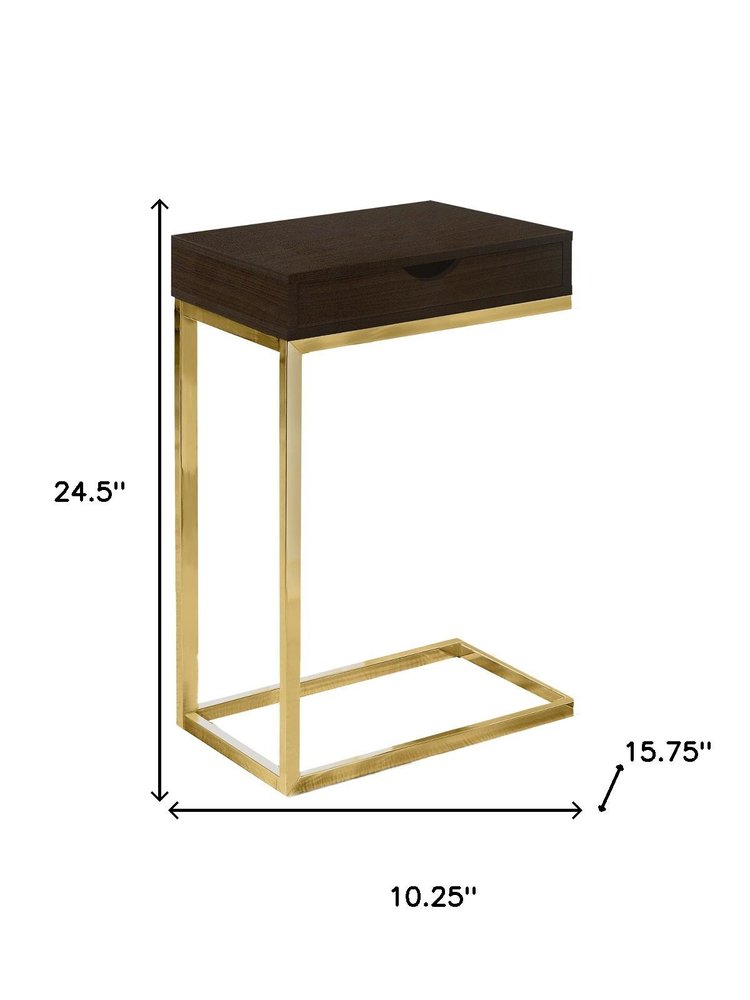 10.25" X 15.75" X 24.5" Cappuccino Finish And Gold Laminated Drawer Accent Table. Tray table isolated on a plain white background, showing its gold color.