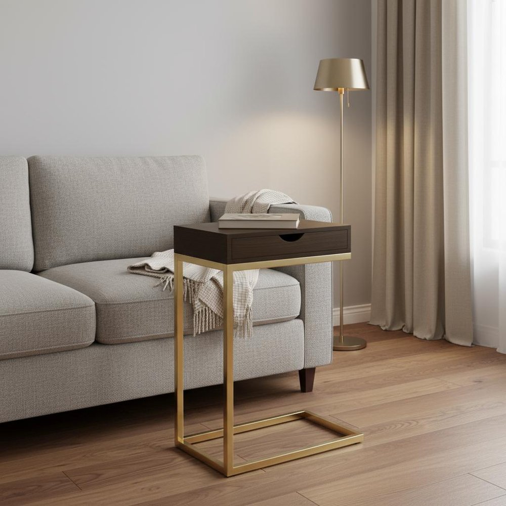 10.25" X 15.75" X 24.5" Cappuccino Finish And Gold Laminated Drawer Accent Table. Tray table in gold.