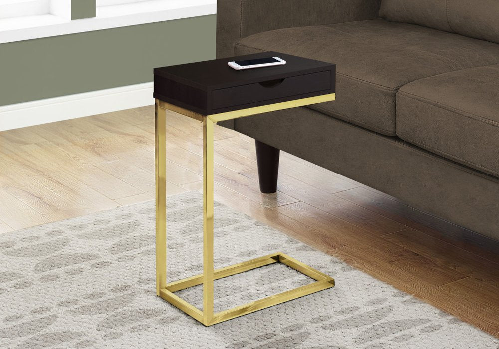 10.25" X 15.75" X 24.5" Cappuccino Finish And Gold Laminated Drawer Accent Table. Tray table in brown.