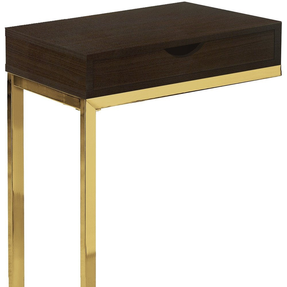 10.25" X 15.75" X 24.5" Cappuccino Finish And Gold Laminated Drawer Accent Table. Tray table isolated on a plain white background, showing its gold color.