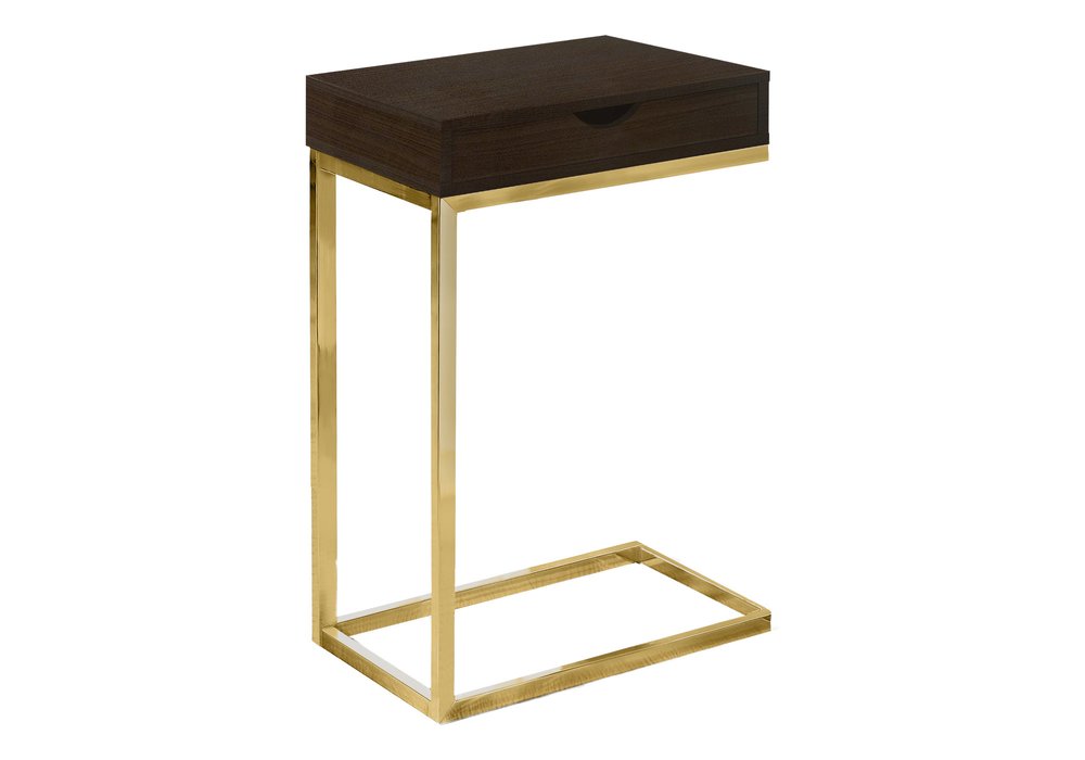 10.25" X 15.75" X 24.5" Cappuccino Finish And Gold Laminated Drawer Accent Table. Tray table isolated on a plain white background, in a gold finish.