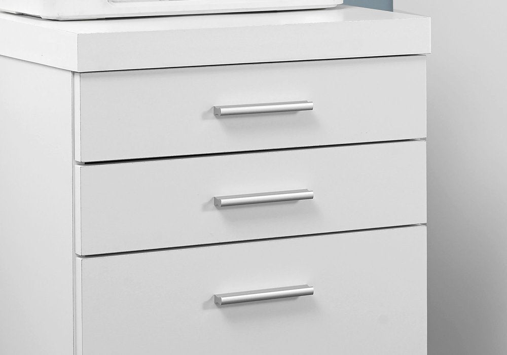 Close-up of 25" White Particle Board Filing Cabinet With Drawers showing the white texture.