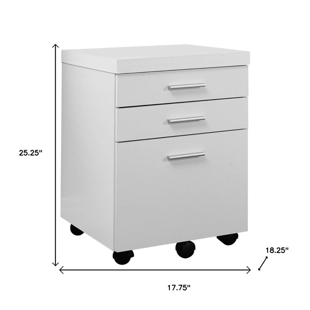 25" White Particle Board Filing Cabinet With Drawers. Filing cabinet isolated on a plain white background, showing its white color.