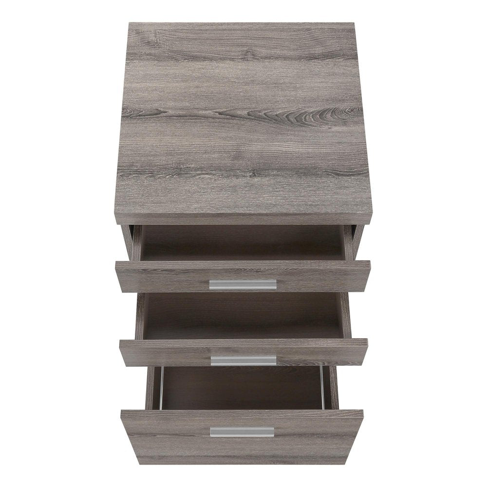 25" Gray Particle Board Filing Cabinet With Drawers. Filing cabinet isolated on a plain white background, in a gray finish.