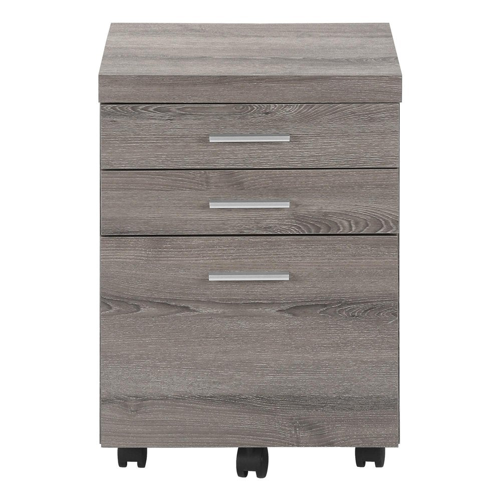 25" Gray Particle Board Filing Cabinet With Drawers. Filing cabinet isolated on a plain white background, in a gray finish.