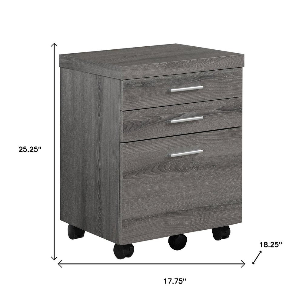 25" Gray Particle Board Filing Cabinet With Drawers. Filing cabinet isolated on a plain white background, in a gray finish.