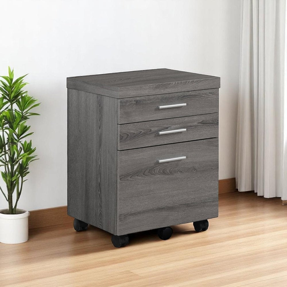 Cropped view of 25" Gray Particle Board Filing Cabinet With Drawers focusing on the gray surface.