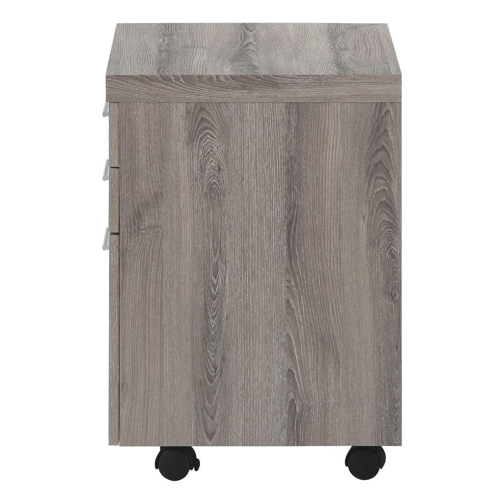 25" Gray Particle Board Filing Cabinet With Drawers. Filing cabinet isolated on a plain white background, in a gray finish.