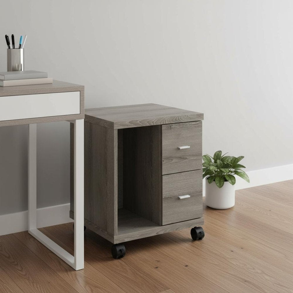 17.75" X 17.75" X 23" Dark Taupe Particle Board Hollow Core 2 Drawers Office Cabinet styled in a furnished interior with a light gray wall on a dark wood floor.
