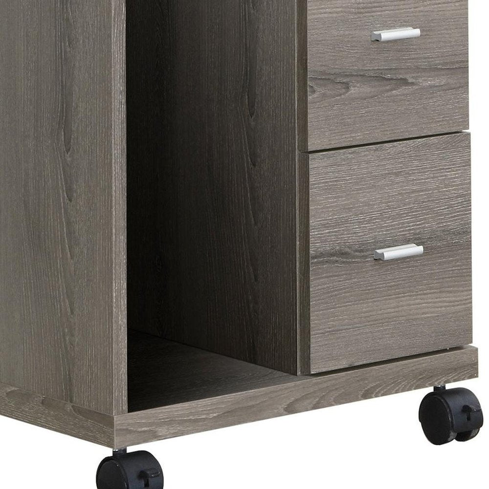 17.75" X 17.75" X 23" Dark Taupe Particle Board Hollow Core 2 Drawers Office Cabinet detail shot of the taupe wood finish.