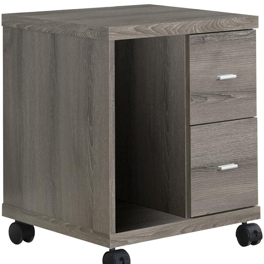 Close-up of 17.75" X 17.75" X 23" Dark Taupe Particle Board Hollow Core 2 Drawers Office Cabinet showing taupe wood detail.