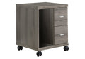 Dark taupe particle board office cabinet with two drawers and open shelving, on black casters.