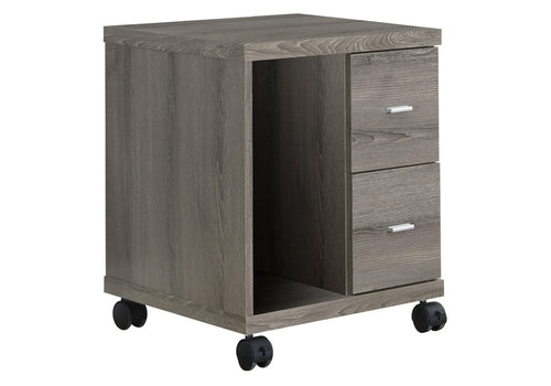 Dark taupe particle board office cabinet with two drawers and open shelving, on black casters.